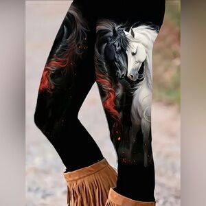 Black Leggings with White and Red Horse Print